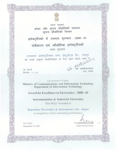 Certificate for Award for Excellence in Electronics-2000-01